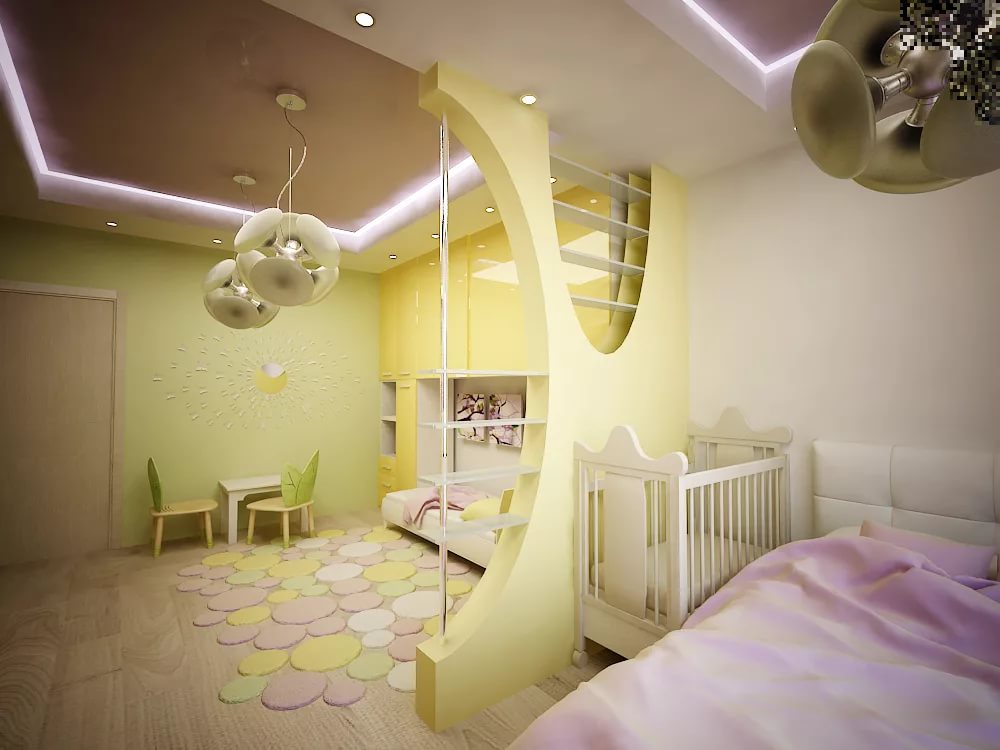 ideja par guļamistabu un bērnu istabu vienā istabā