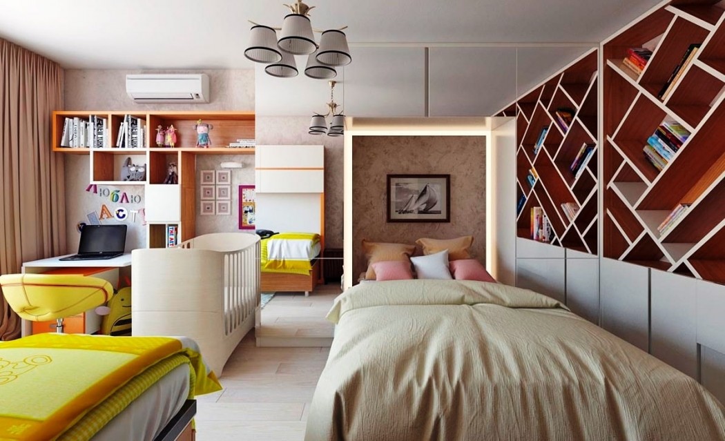 bedroom and children's room in one room interior