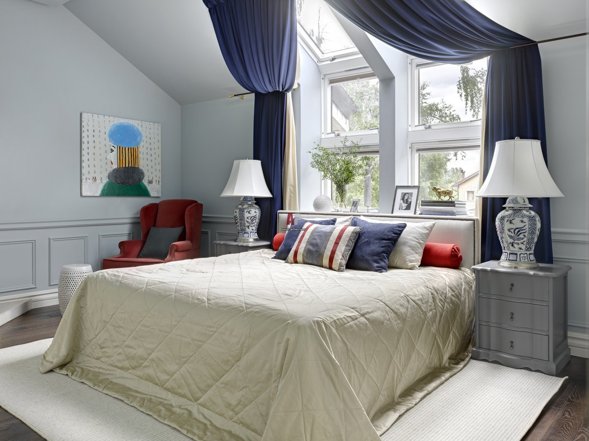 bedroom with a bed by the window photo design
