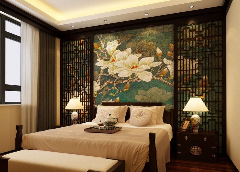 Ķīniešu stila mazas guļamistabas interjers