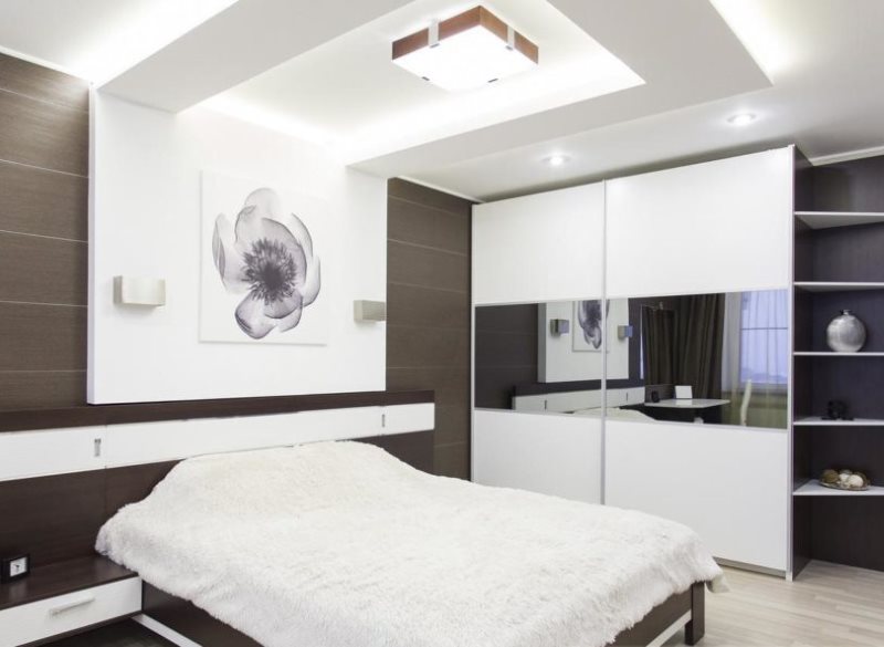 Two-level ceiling in a high-tech bedroom