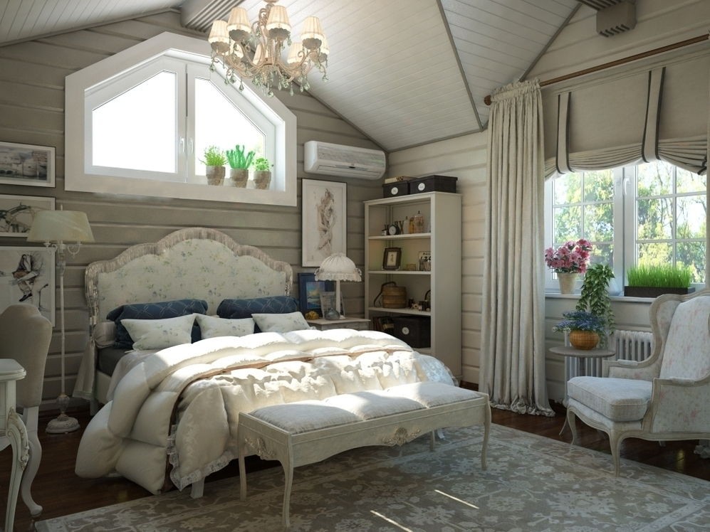 Design a bright bedroom in a country style
