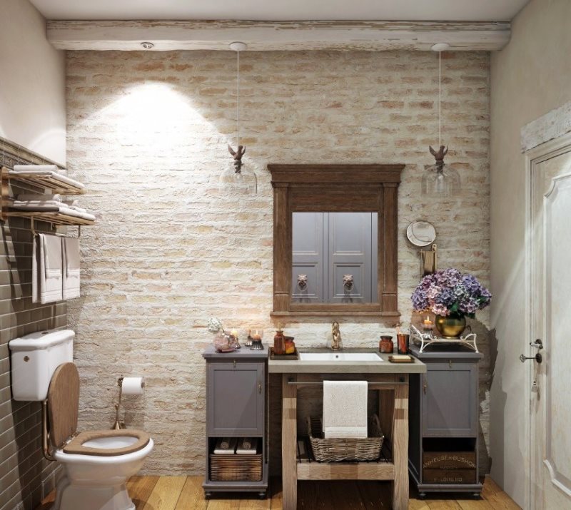 Brick wall in country style bathroom