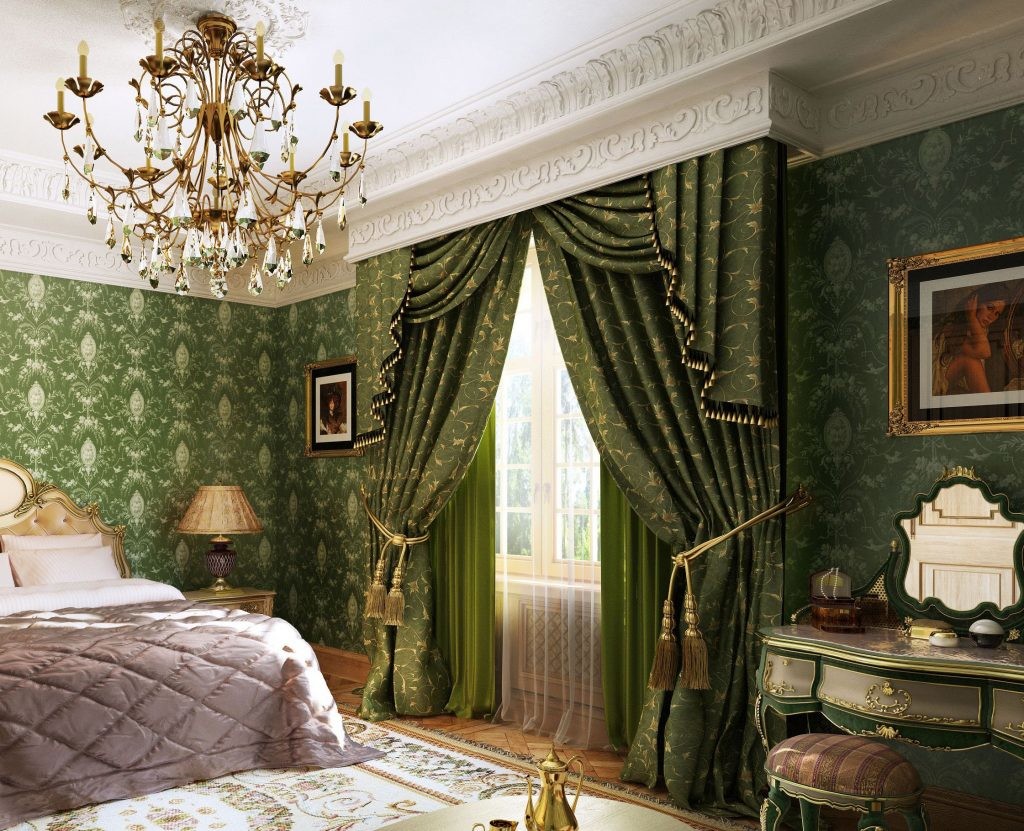 Rèm cửa màu xanh lá cây trên một gờ ẩn trong phòng ngủ baroque