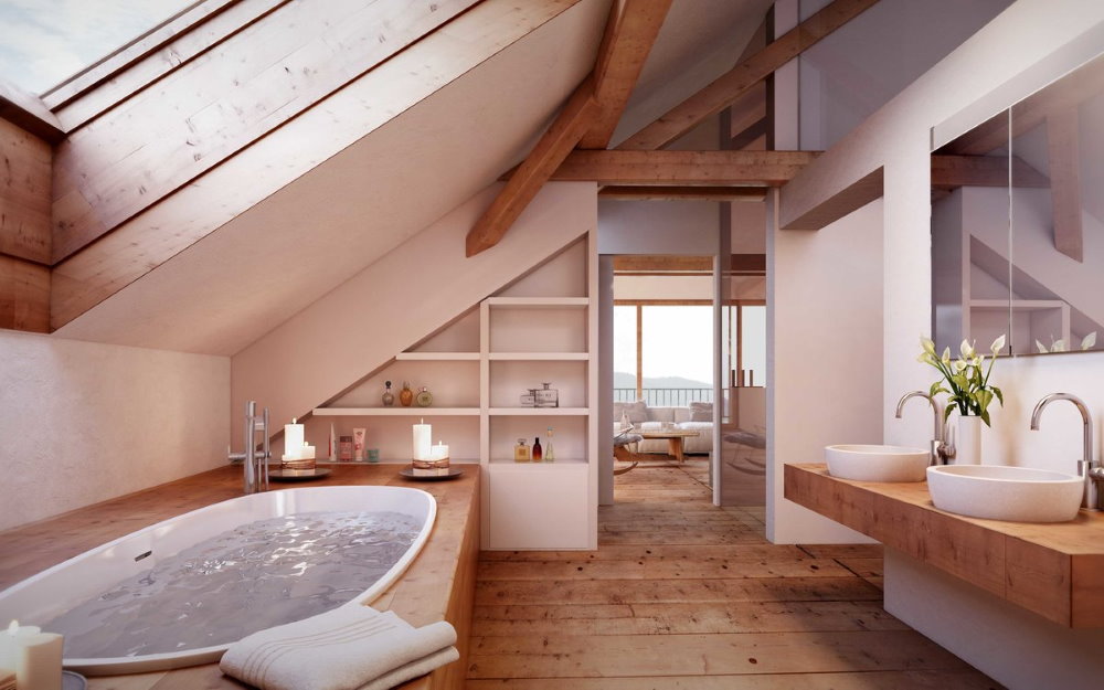 Bright bathroom in the attic of a country house