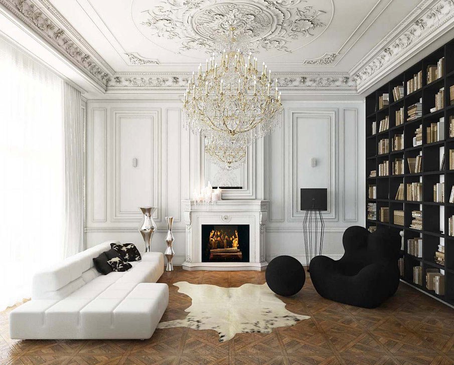 Black bookcase in the living room with a white sofa