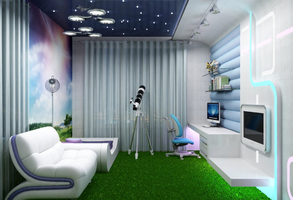 Zaļš paklājs augsto tehnoloģiju stila bērnu istabā