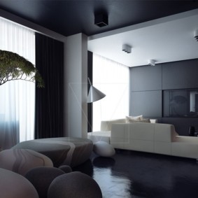 The interior of the living room in dark shades