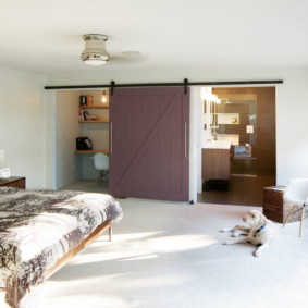 Wooden sliding door in a spacious bedroom