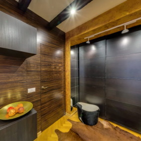 The decor of the bathroom with wood paneling