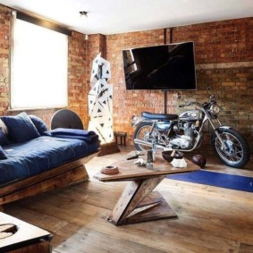 Bike in the interior of a bachelor apartment
