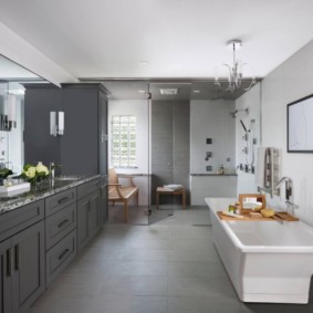 Spacious gray bathroom