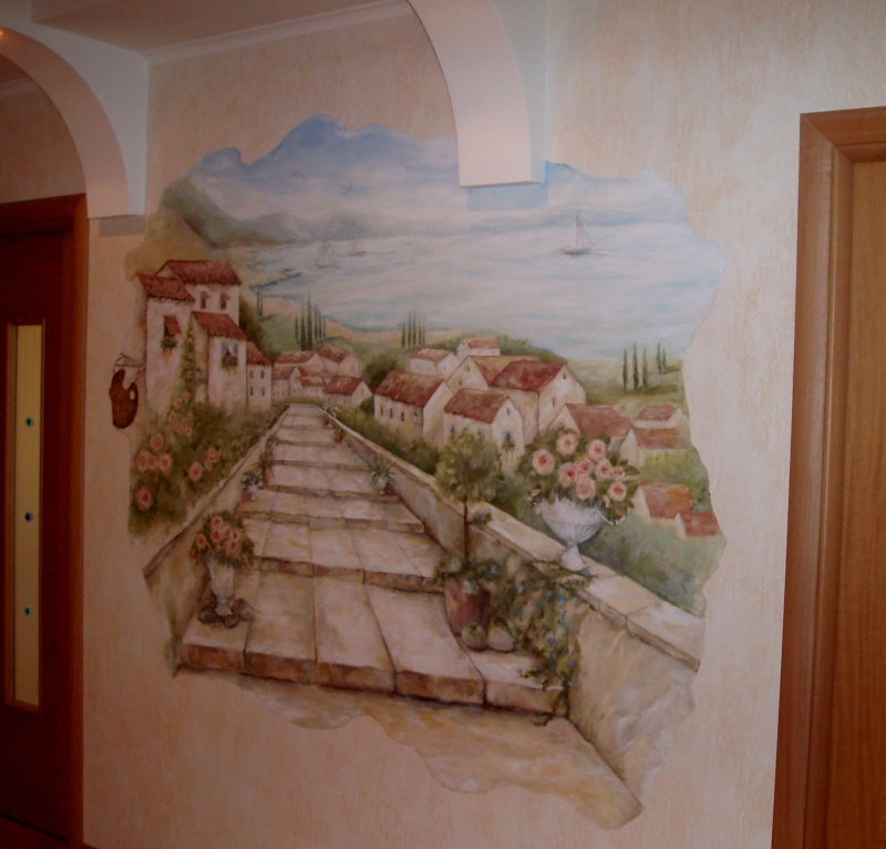 Afbeelding van een oude straat aan de muur in de gang van het appartement
