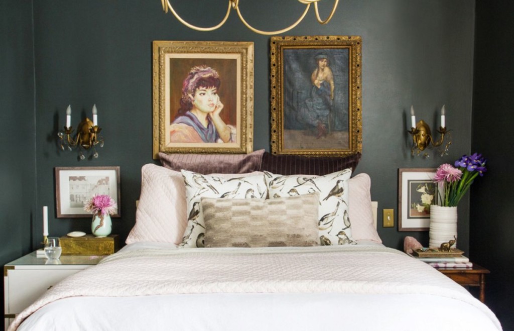 Väggdekor över sängen med målningar med porträtt