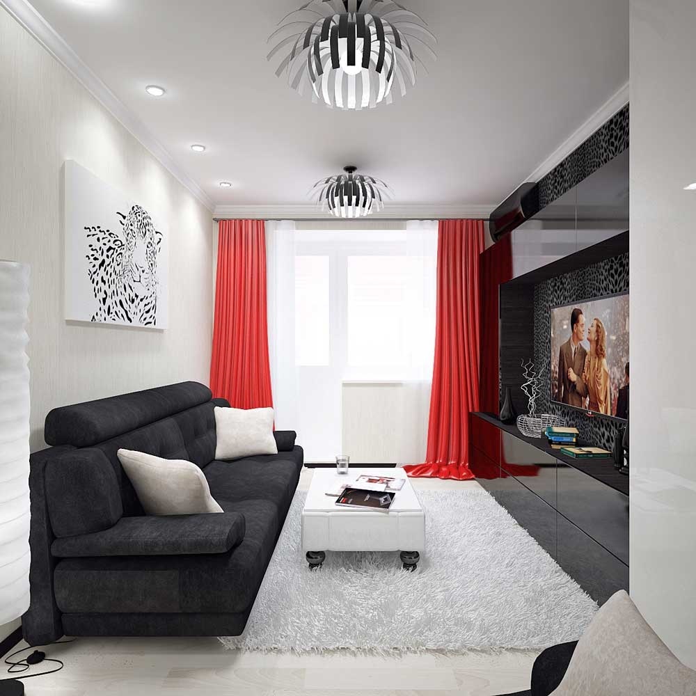 Red curtains in a small living room