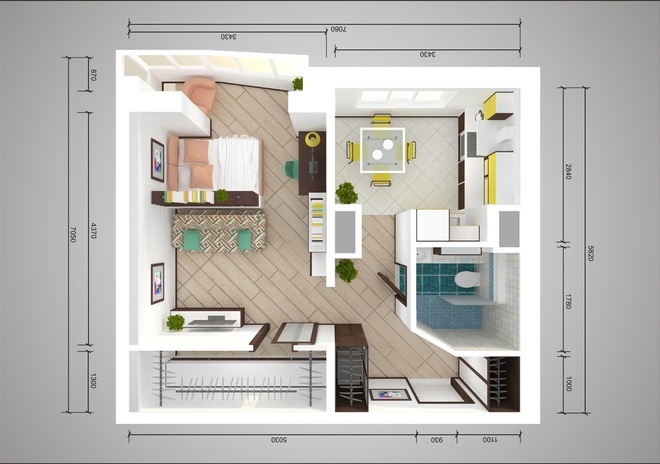 Das Sanierungsschema einer Wohnung 44 t mit einem Raum