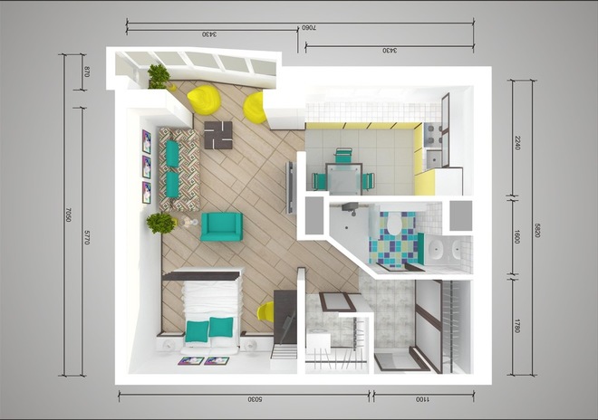 Σχέδιο ανακατασκευής ενός διαμερίσματος ενός δωματίου σε ένα σπίτι