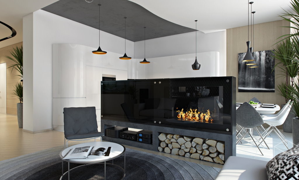 Ang fireplace sa loob ng isang apartment ng high-tech studio
