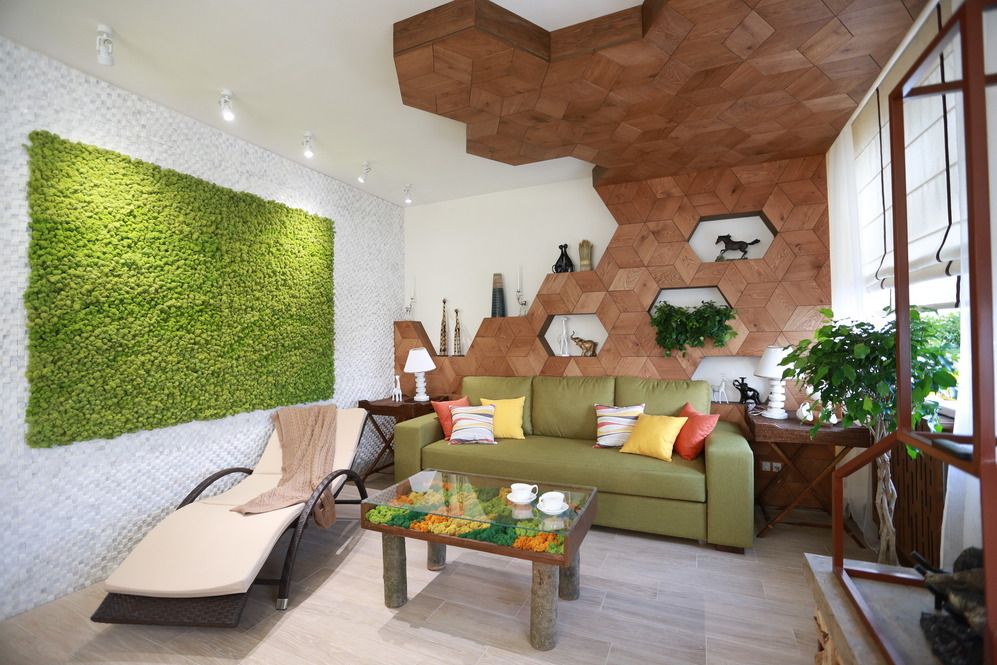 Modernūs gyvenamojo kambario apartamentai ekologišku stiliumi