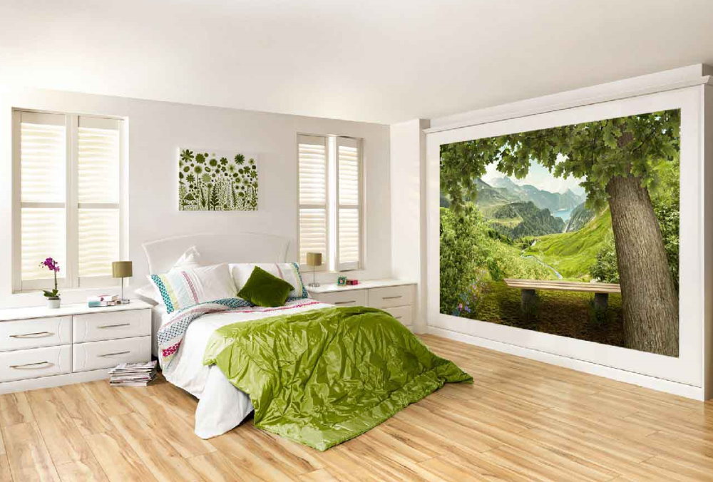 Hutan dalam gambar di bilik tidur yang terang