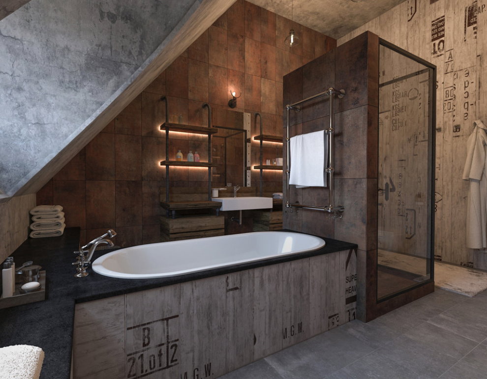 Industrial loft in the interior of the bathroom in the attic