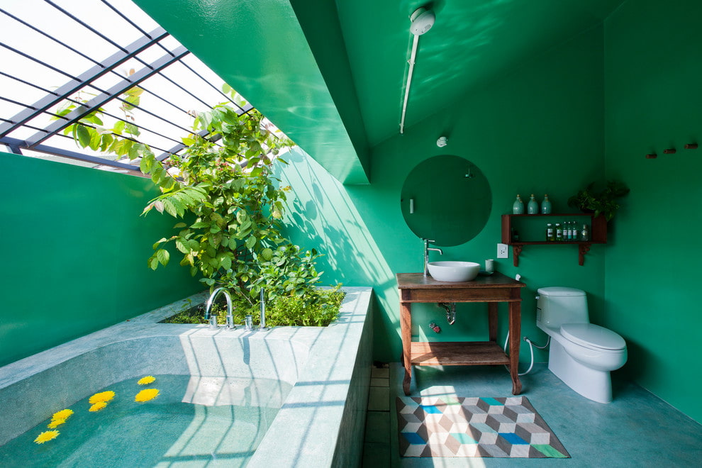 Zaļas sienas privātmājas vannas istabā