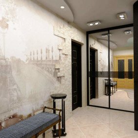 wallpaper and decorative stone in the interior of the hallway decor ideas