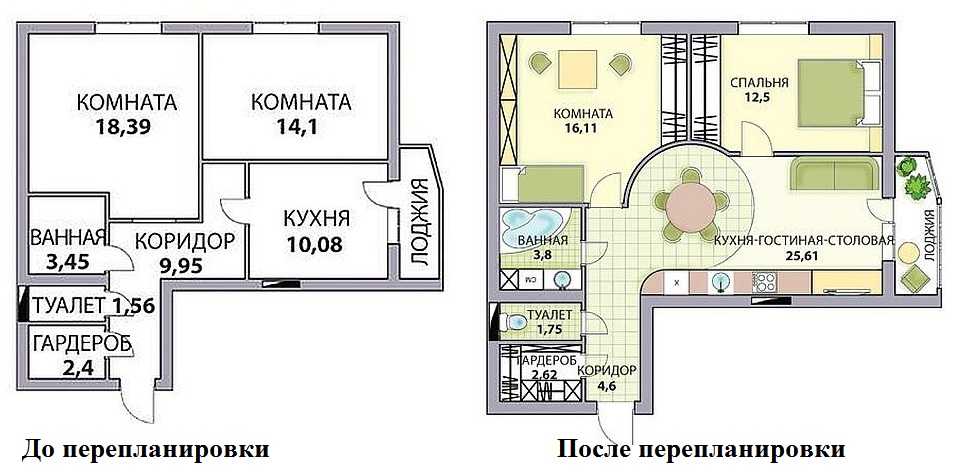 Plan for redevelopment of a two-room apartment in three rubles with a kitchen-living room