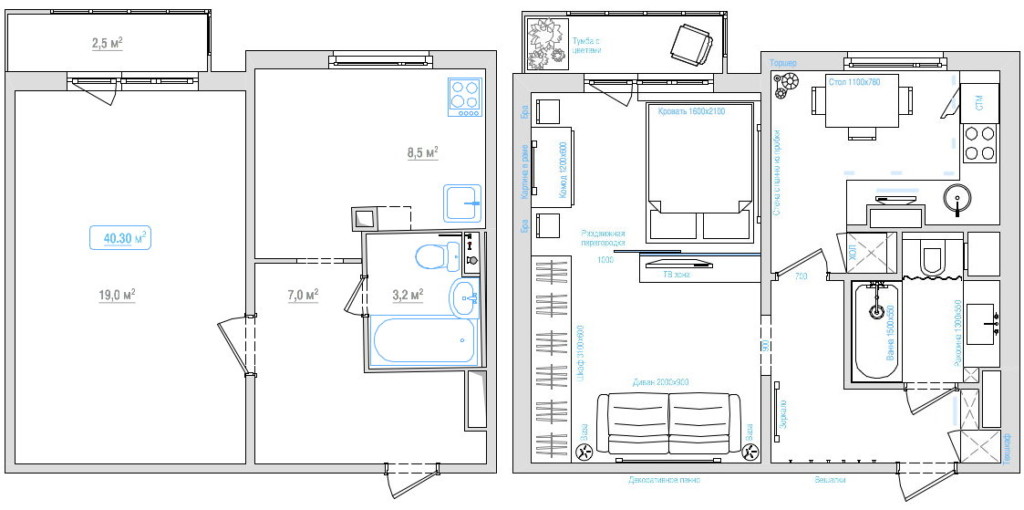 Planera en lägenhet med ett rum före och efter ombyggnad