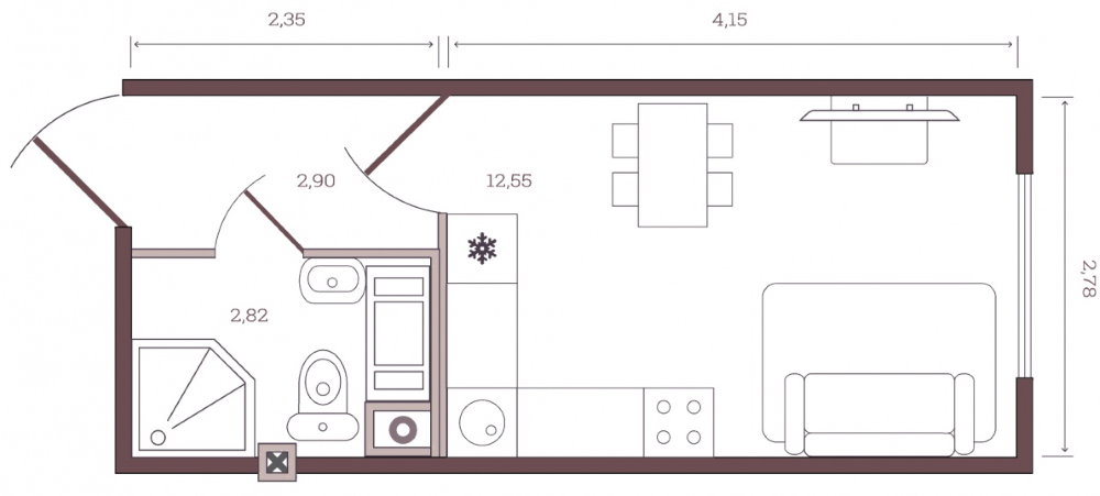 Plan of a studio apartment of 18 sq m