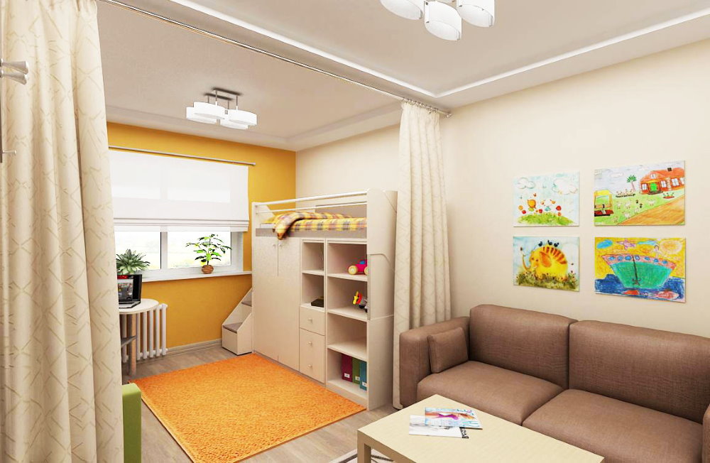 Design en studioleilighet for en familie med et barn