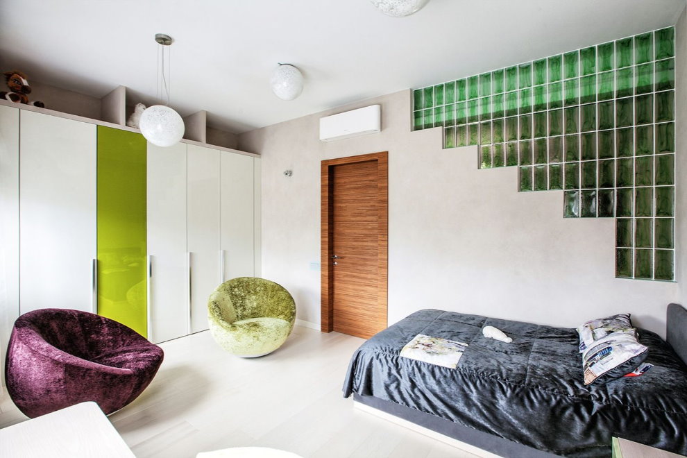Interior of a bedroom with a glass partition