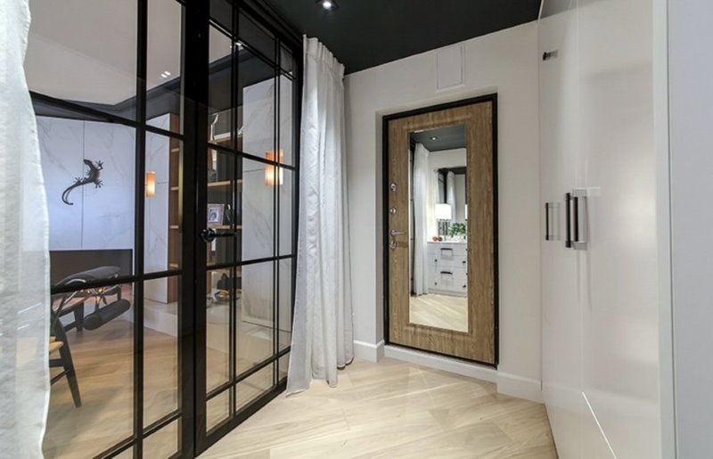Transparent doors between hallway and living room