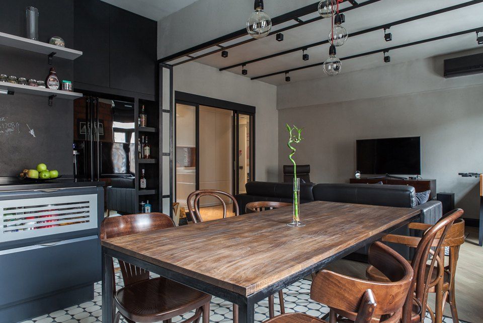 Loft-style dining room for bachelor