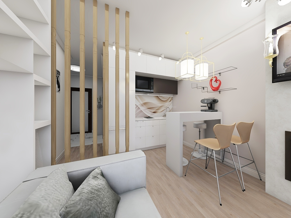 Design studio apartment with an area of ​​17 square meters in bright colors