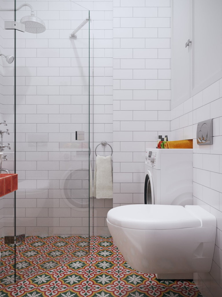 שירותים תלויים בחדר האמבטיה עם מקלחת