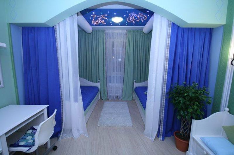Zonering av ett barnrum med blå gardiner