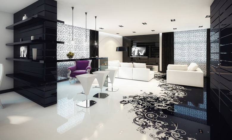 ömlesztett padlók egy modern nappaliban