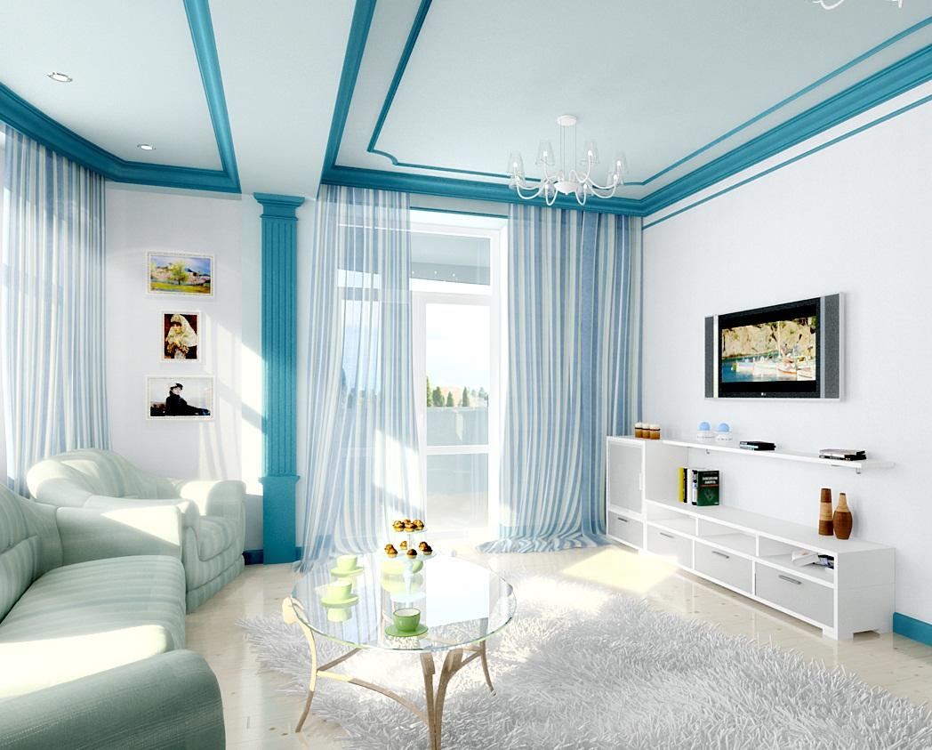 blauwe en witte woonkamer