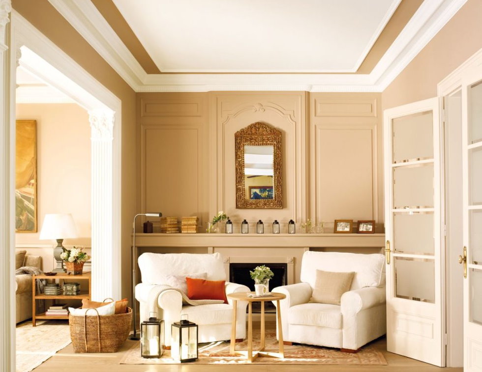 Beige room walls with white furniture