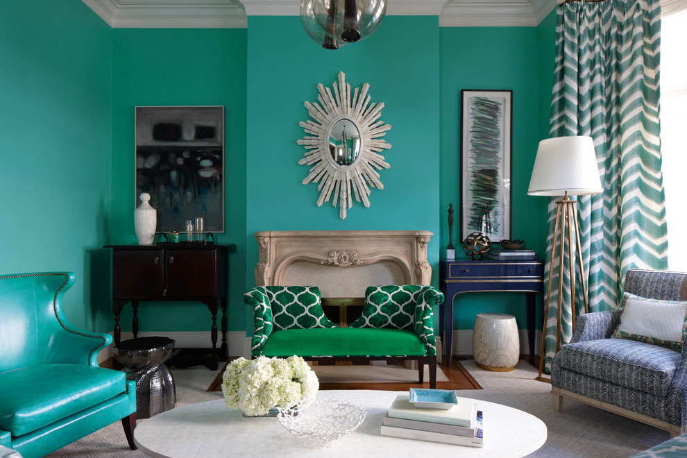 Turquoise wall decoration in the living room of the apartment