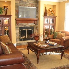 Sofa group in a room with a fireplace