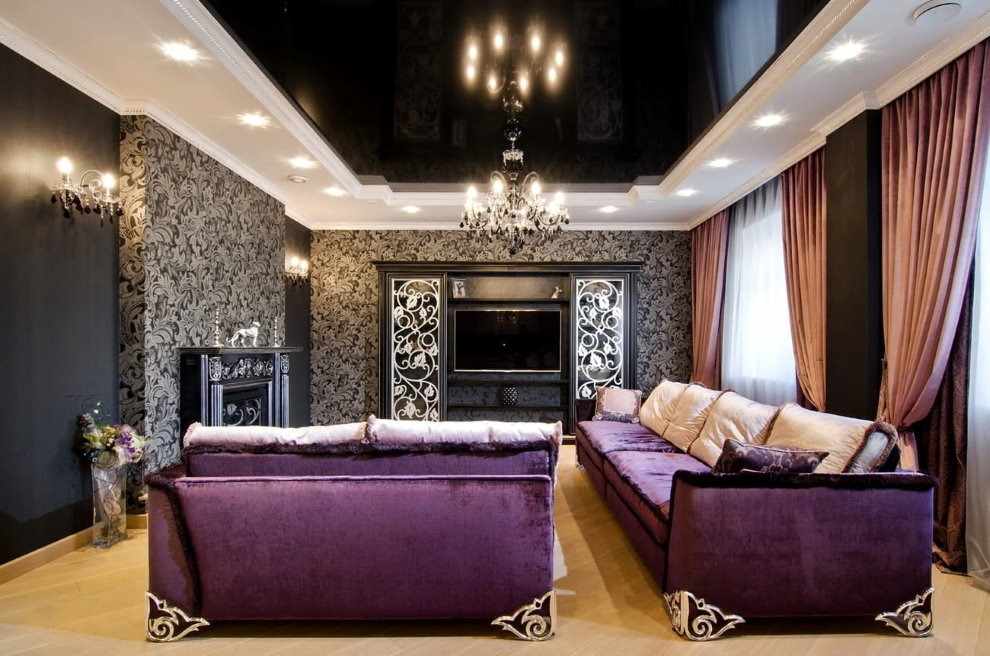 Purple sofas in art deco living room
