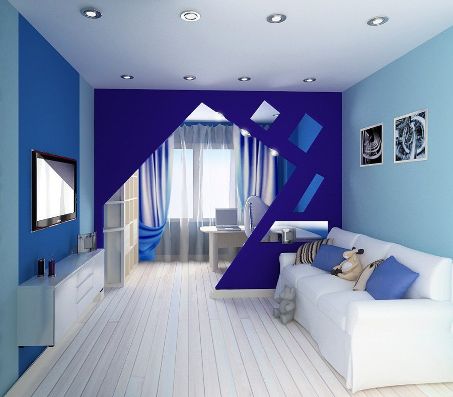 dizajn obývacej izby v modrej a modrej farbe 17 metrov štvorcových
