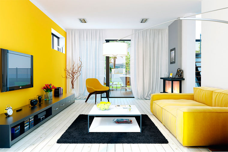 sala de estar de 17 metros cuadrados en colores amarillos