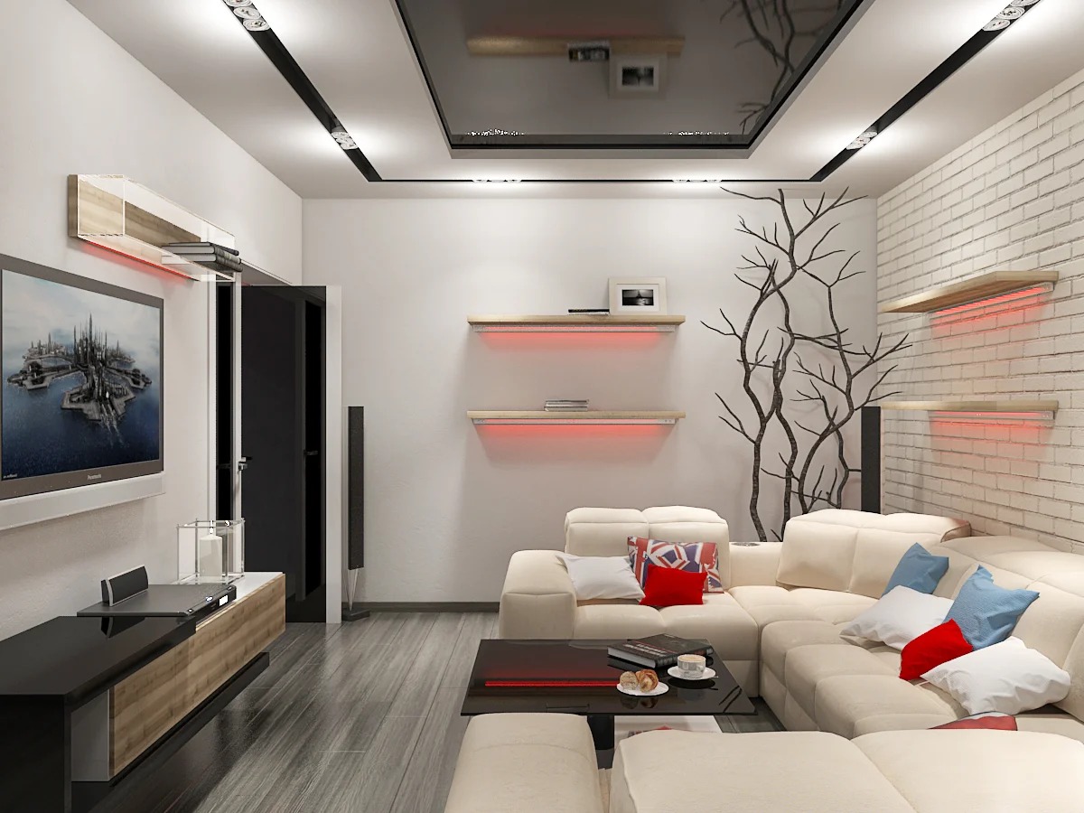 dizajn obývacej izby 17 metrov štvorcových high-tech