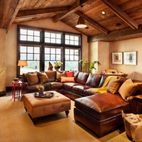 Wooden ceiling in the living room of a private house