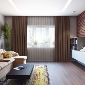 Living room interior with brown curtains