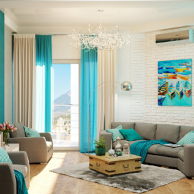 Turquoise curtains in a bright room