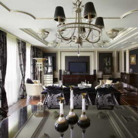 Candelabra on a lacquered countertop dining table